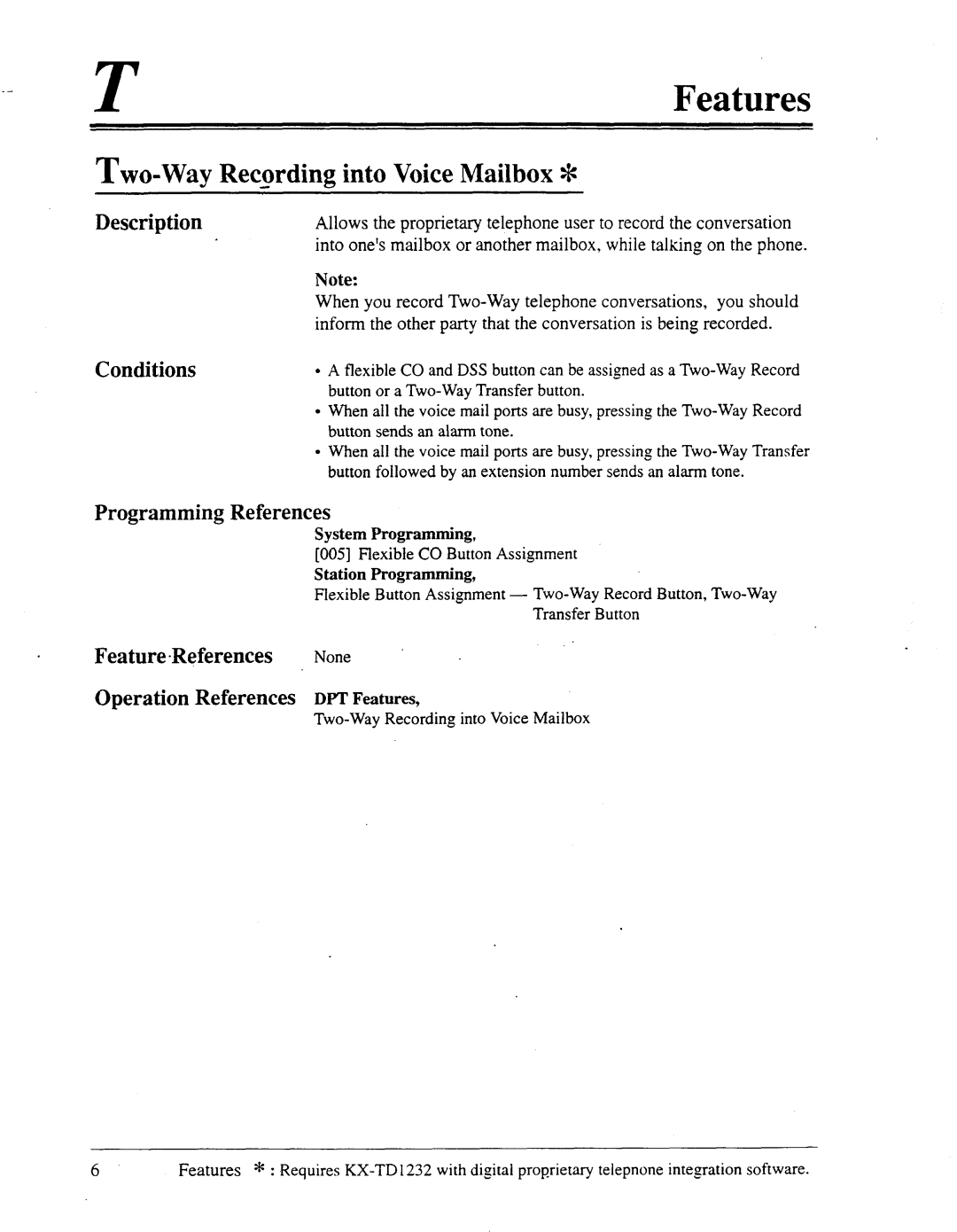 Panasonic panasonic manual Two-Way Reqwding into Voice Mailbox, Conditions, Feature-References Operation References 