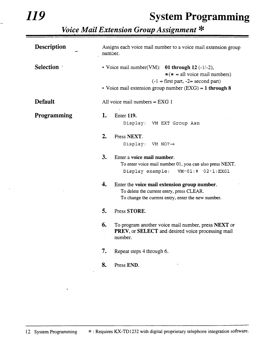 Panasonic panasonic manual Voice Mail Extension Group Assignment, Description Selection, Enter Display, Group Asn 