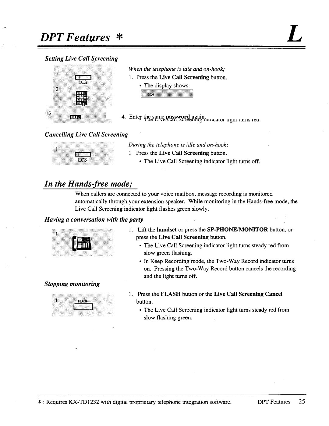 Panasonic panasonic Hands-free mode, Sem’ng Live Call $reening, Having a conversation with the party, Stopping monitoring 