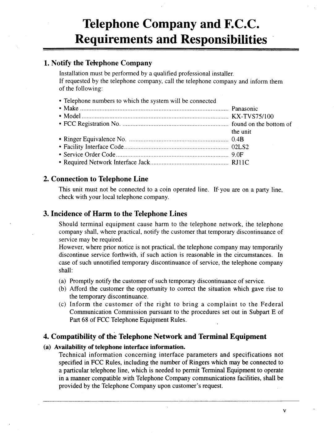 Panasonic panasonic Notify the Tekphone Company, Connection to Telephone Line, Incidence of Harm to the Telephone Lines 