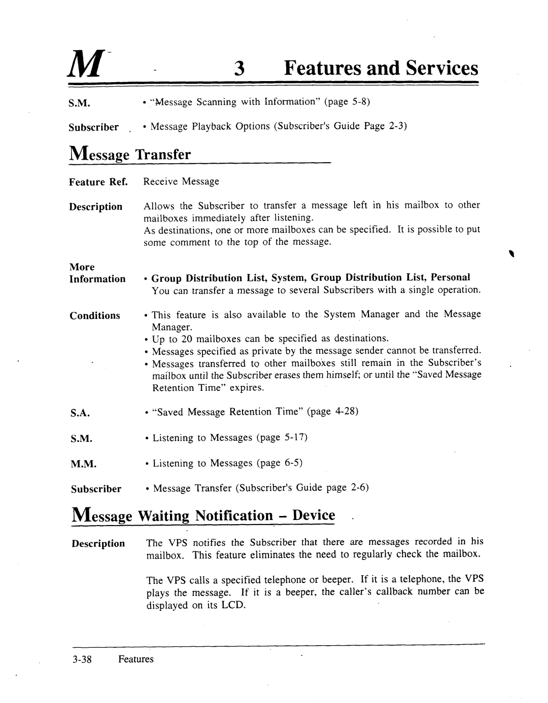 Panasonic panasonic manual Essage Transfer, Message Waiting Notification Device, Feature Ref Description 