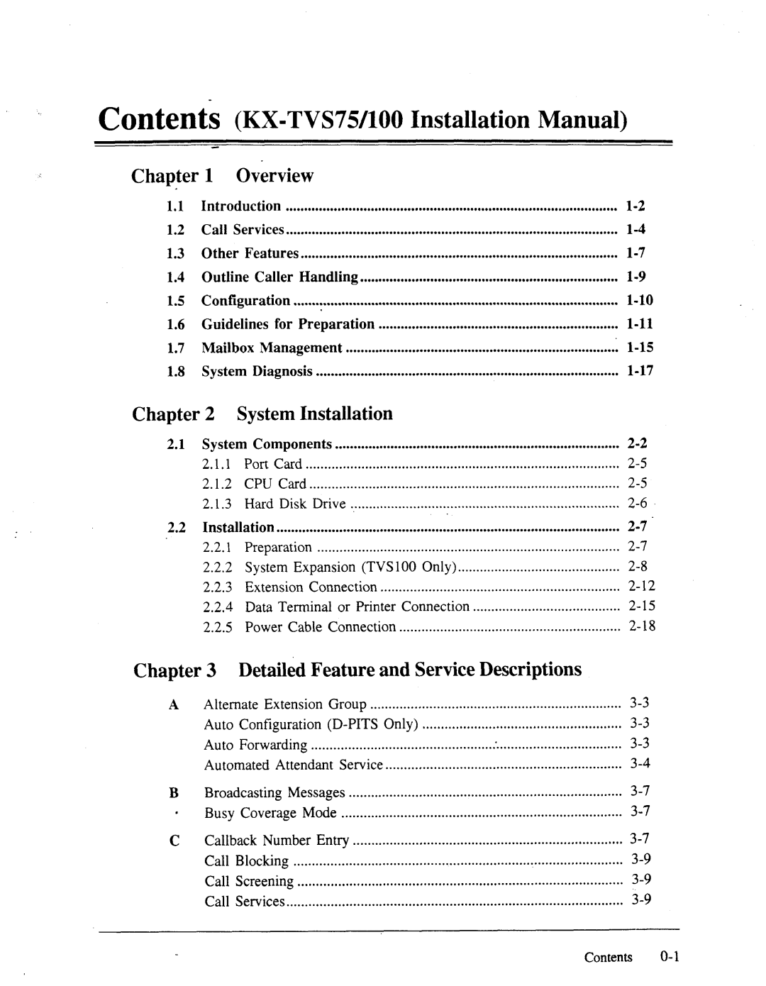 Panasonic panasonic manual Overview, System Installation, Detailed Feature and Service Descriptions, Chapter 