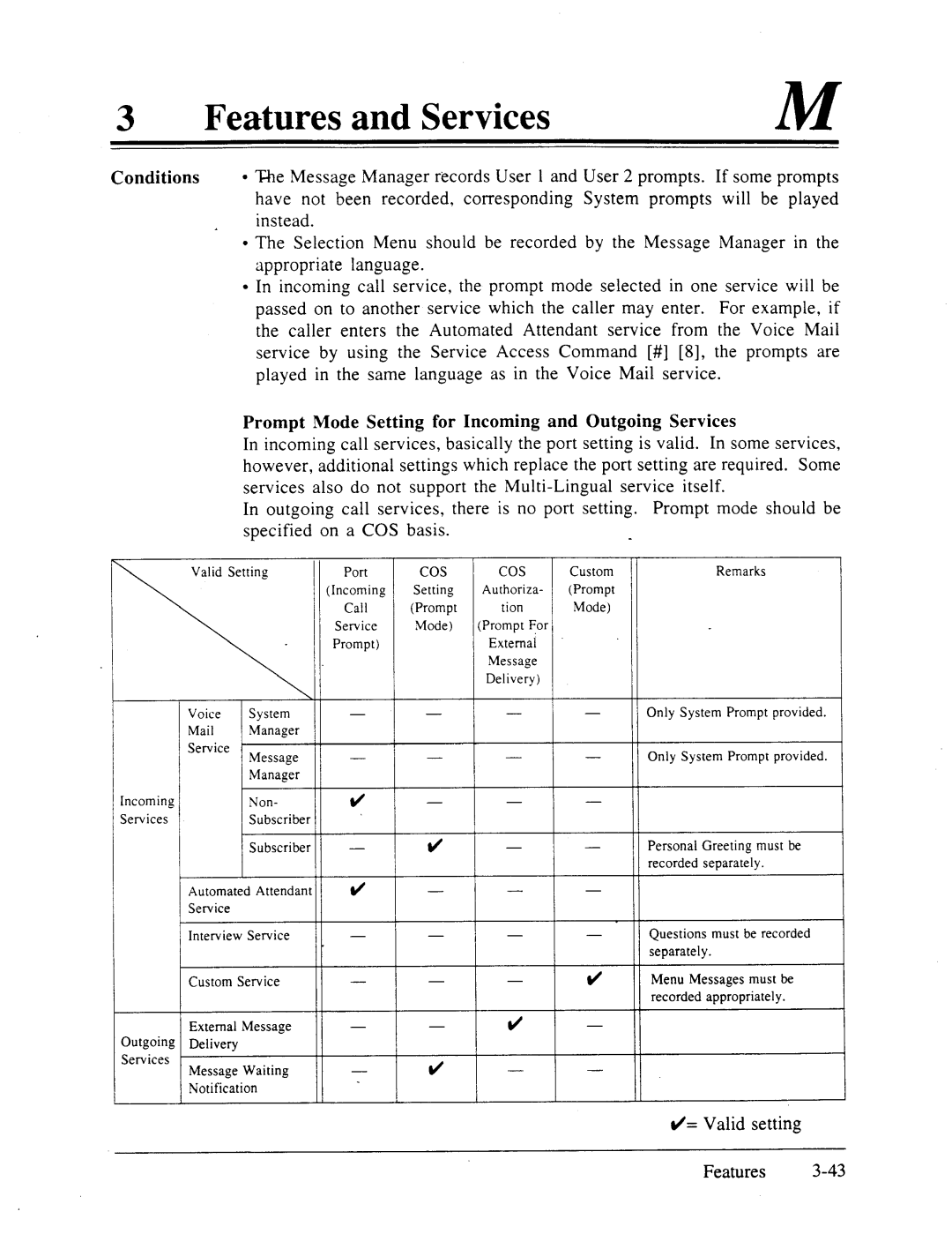 Panasonic panasonic manual Cos, = Valid setting Features 