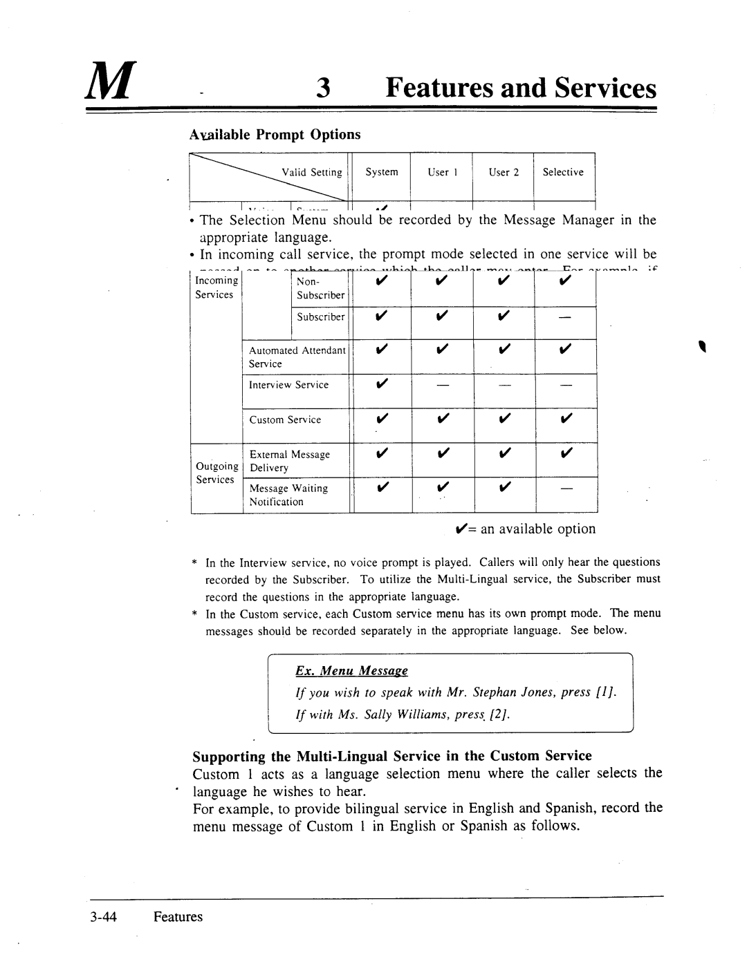 Panasonic panasonic manual Available Prompt Options, = an available option 