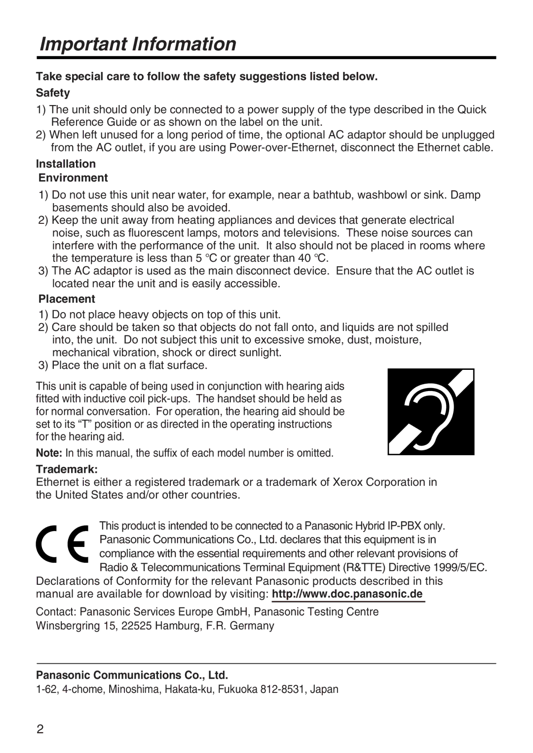 Panasonic panasonic installation manual Installation Environment, Placement, Trademark 