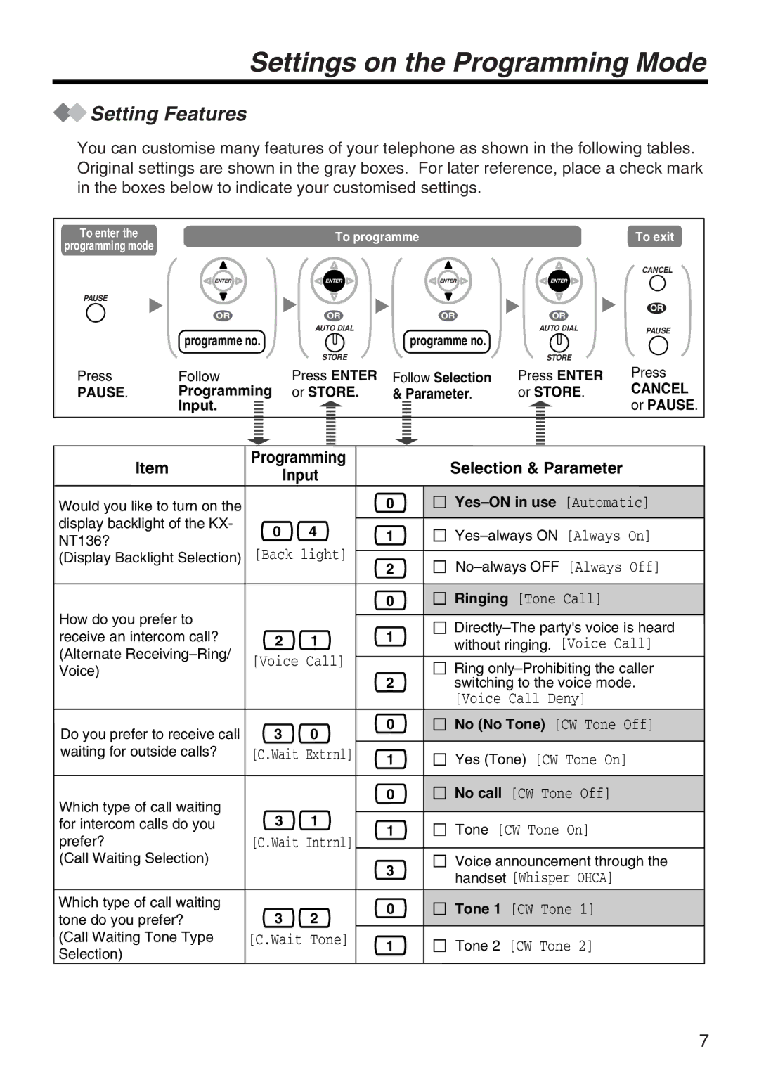 Panasonic panasonic Settings on the Programming Mode, Setting Features, Programming Selection & Parameter Input 