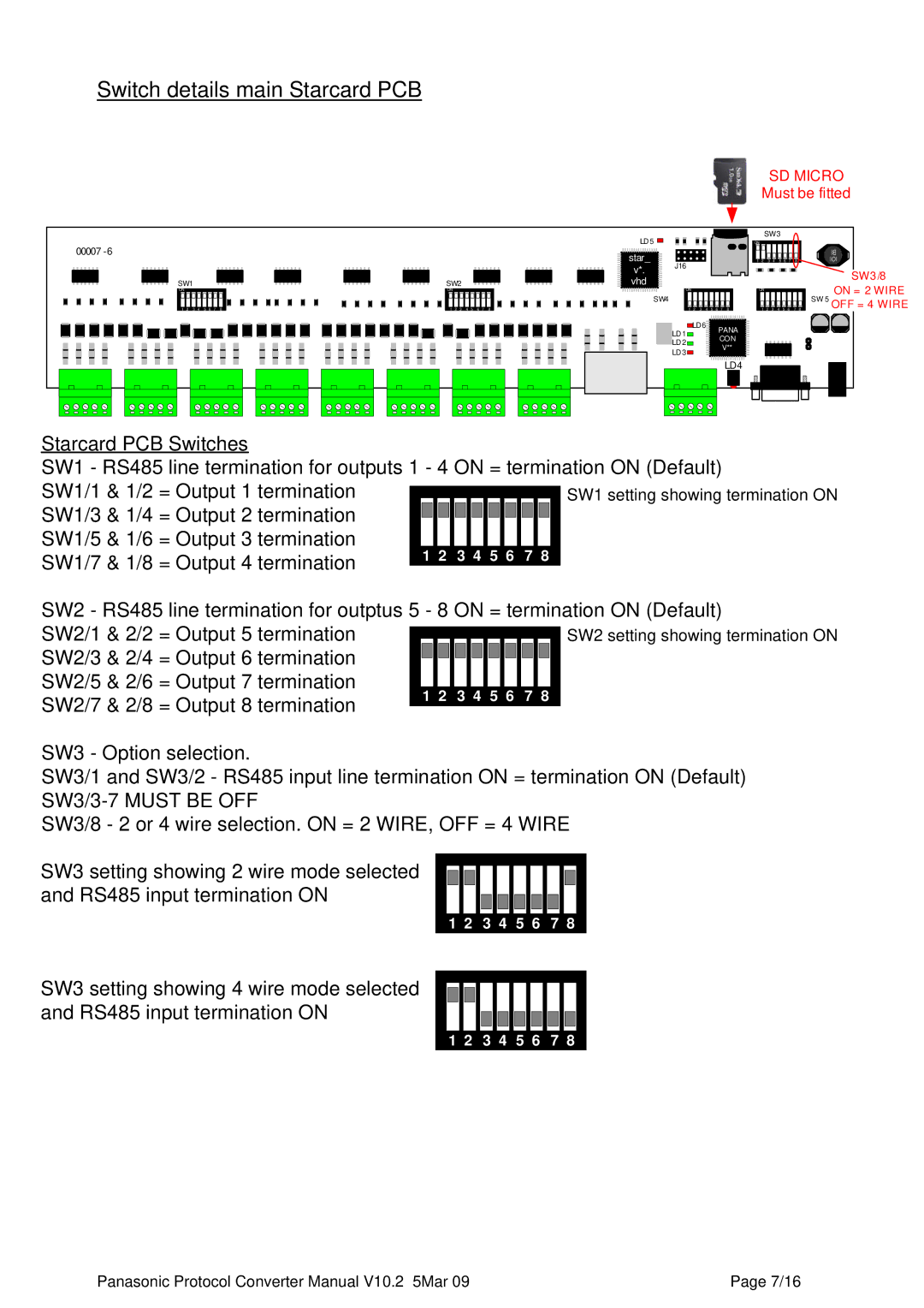 Panasonic PC8 manual Switch details main Starcard PCB 