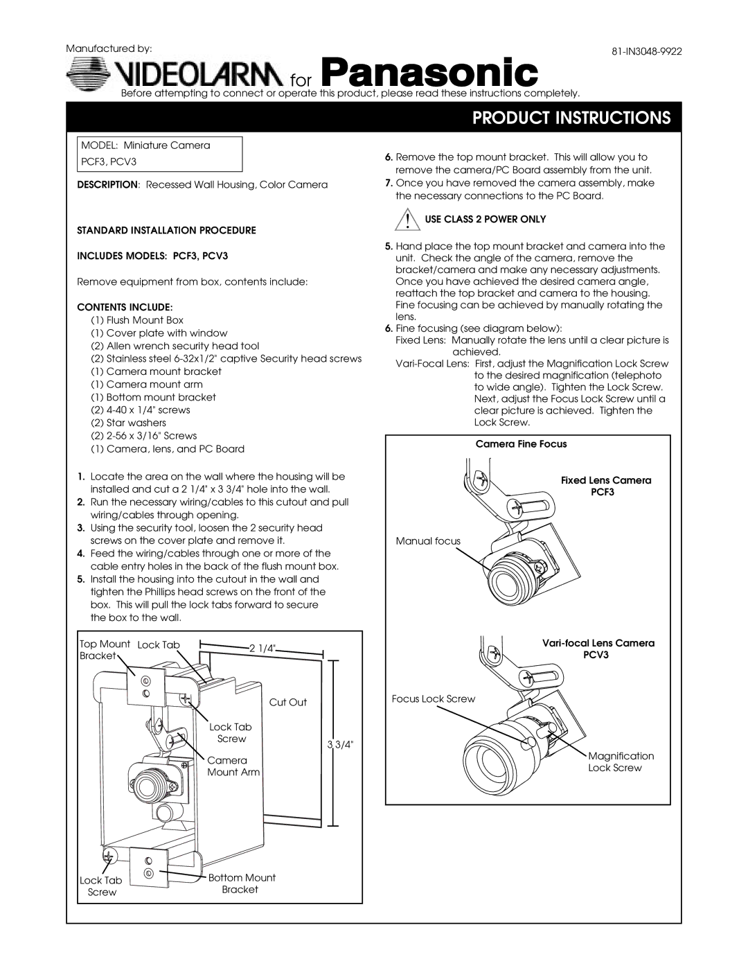 Panasonic manual Standard Installation Procedure Includes Models PCF3, PCV3, Contents Include 