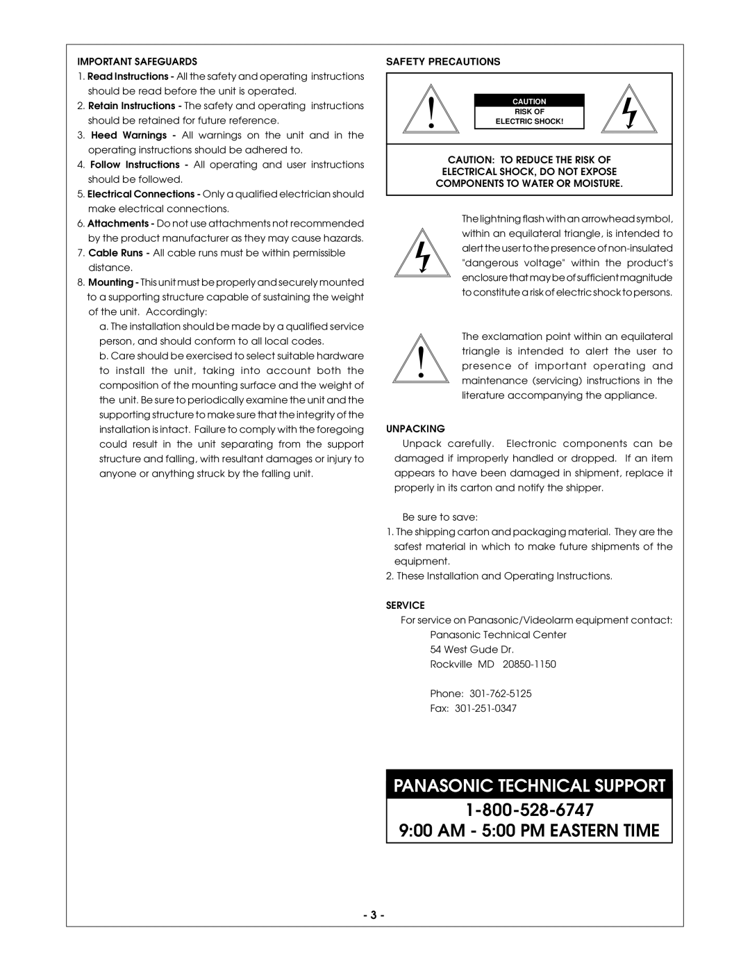 Panasonic PCV3 Important Safeguards, Electrical SHOCK, do not Expose, Components to Water or Moisture, Unpacking, Service 