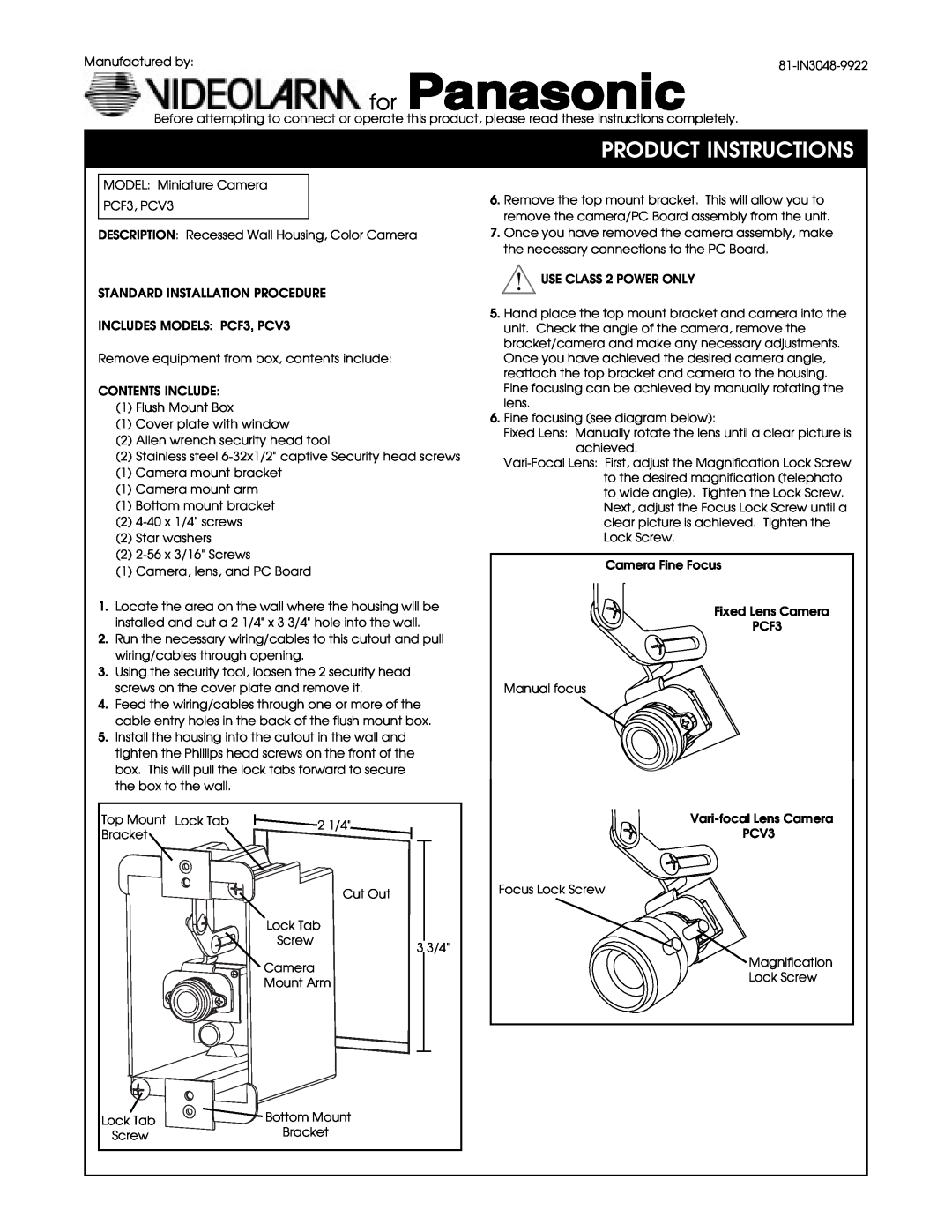 Panasonic PCV3, PCF3 manual Product Instructions 