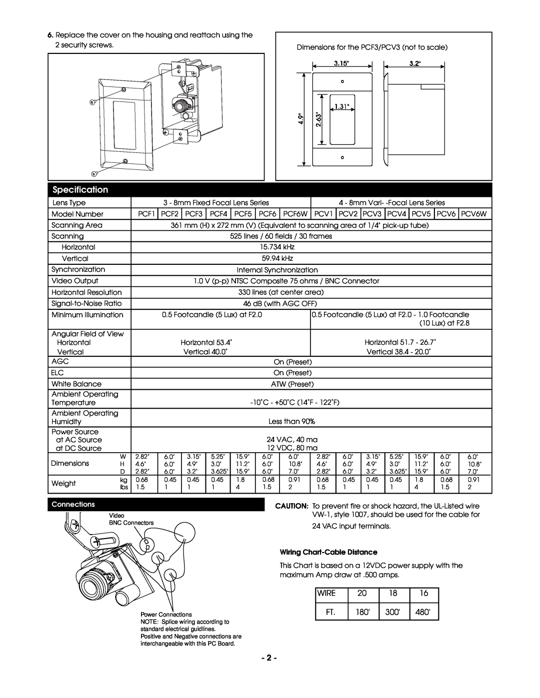 Panasonic PCF3, PCV3 manual Specification, Wire, Connections 