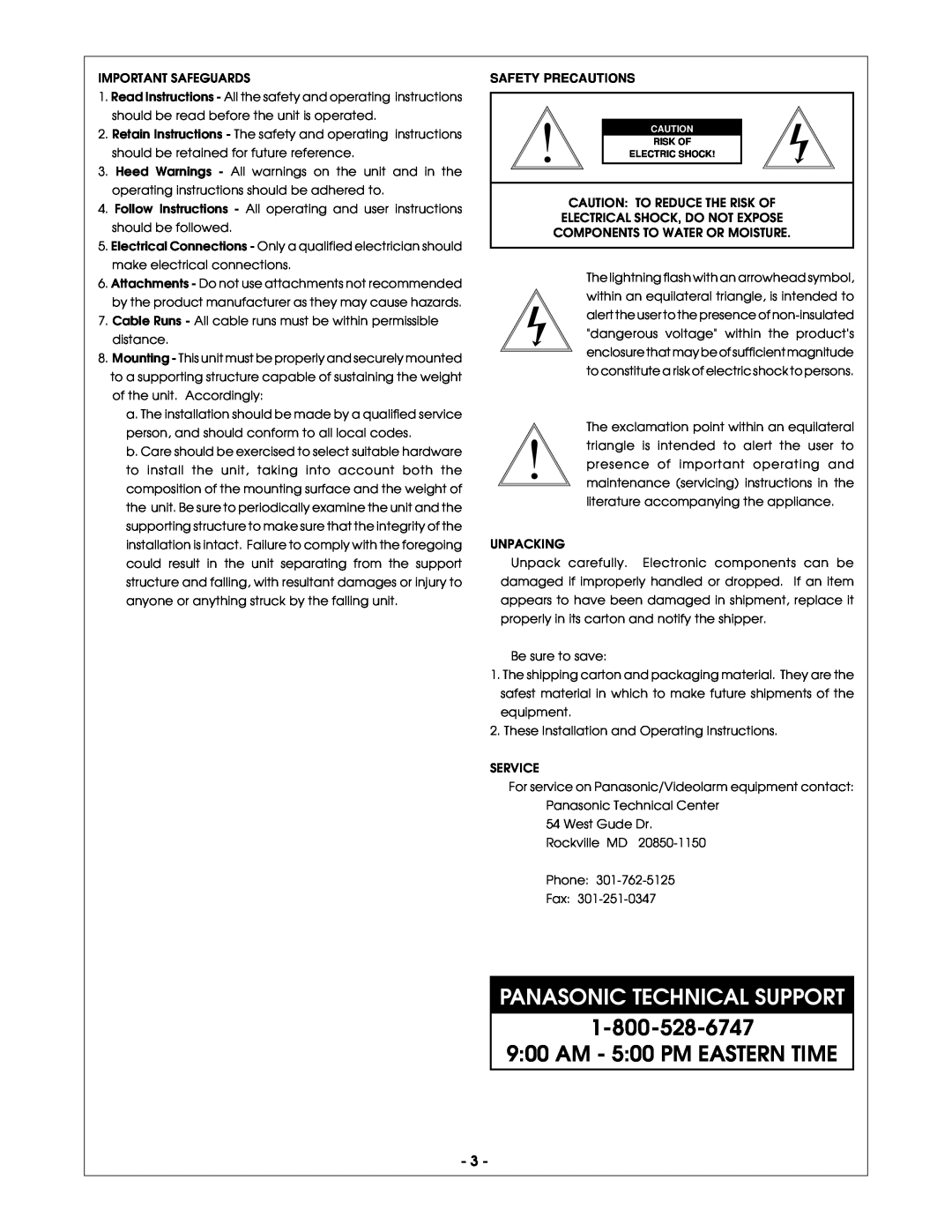 Panasonic PCV3, PCF3 manual Panasonic Technical Support, AM - 500 PM EASTERN TIME, Safety Precautions 