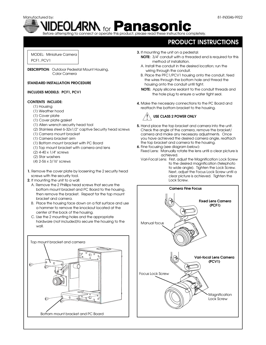 Panasonic manual PCF1, PCV1, USE Class 2 Power only 