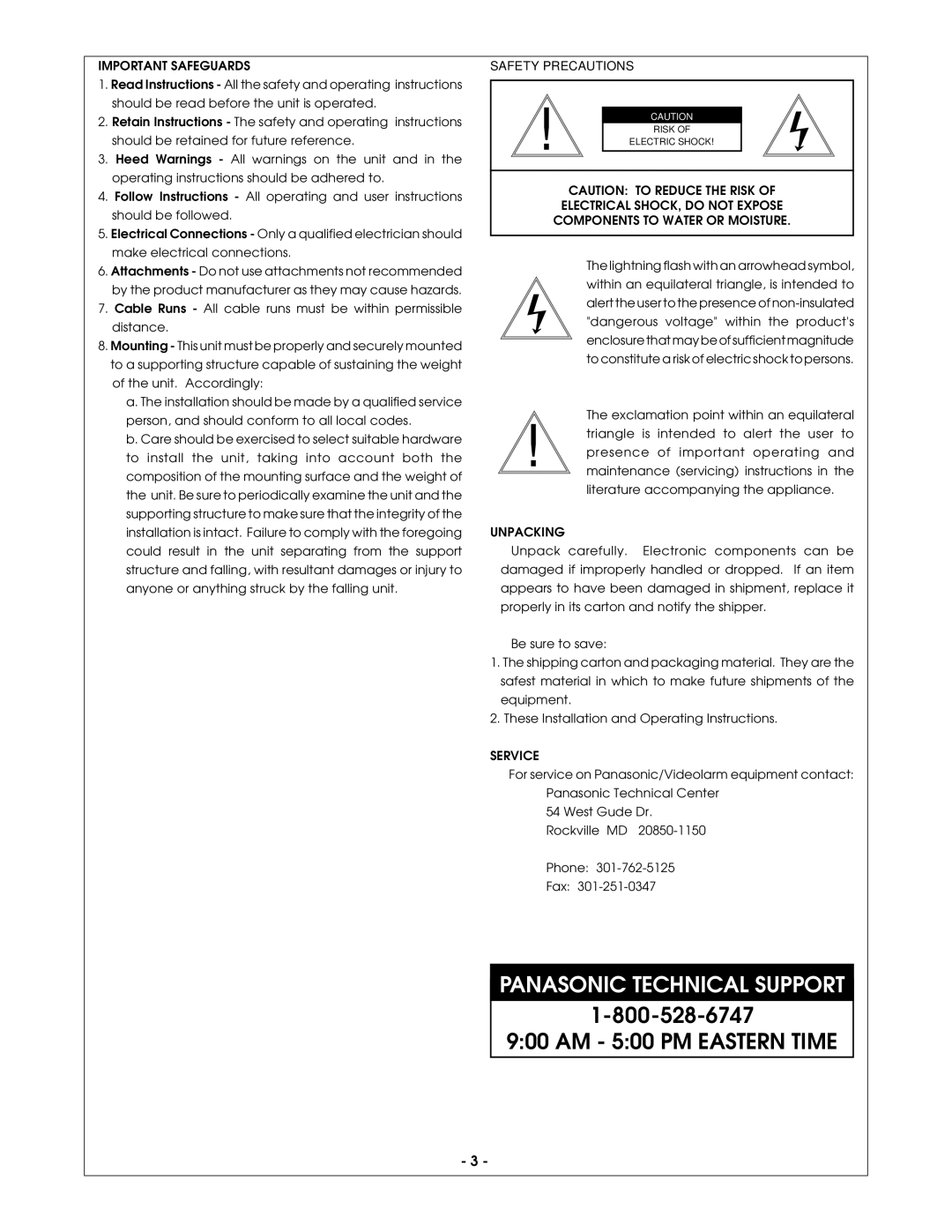 Panasonic PCF1 Important Safeguards, Electrical SHOCK, do not Expose, Components to Water or Moisture, Unpacking, Service 