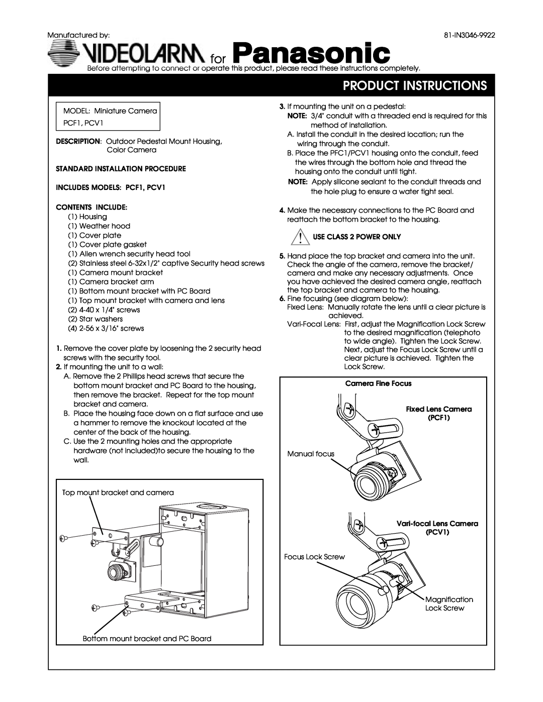 Panasonic PCF1, PCV1 manual Product Instructions 