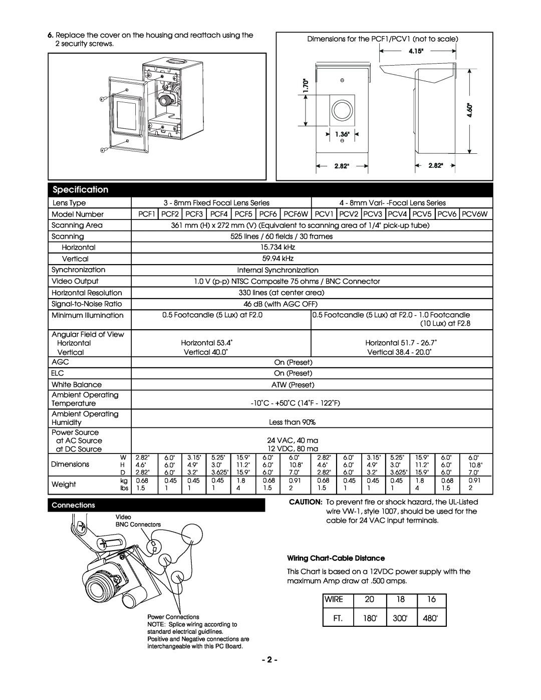Panasonic PCV1, PCF1 manual Specification, Wire, Connections 