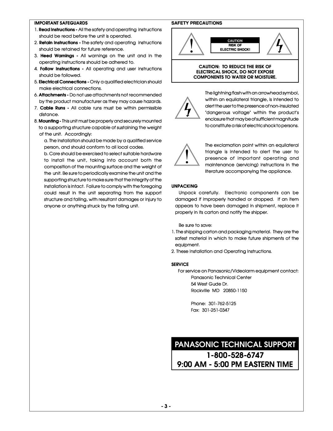 Panasonic PCF1, PCV1 manual Panasonic Technical Support, AM - 500 PM EASTERN TIME, Safety Precautions 