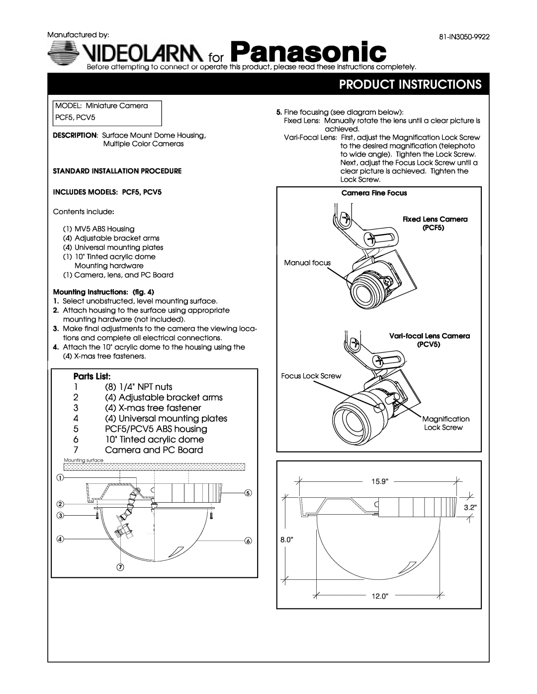 Panasonic PCF5 manual Product Instructions, Parts List 1 8 1/4 NPT nuts 2 4 Adjustable bracket arms, Camera and PC Board 