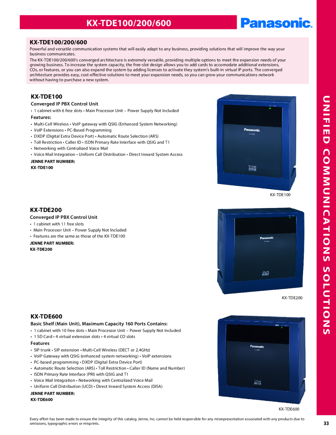 Panasonic PMPU2000 manual Unified Communications Solutions, KX-TDE100/200/600, KX-TDE200, KX-TDE600 