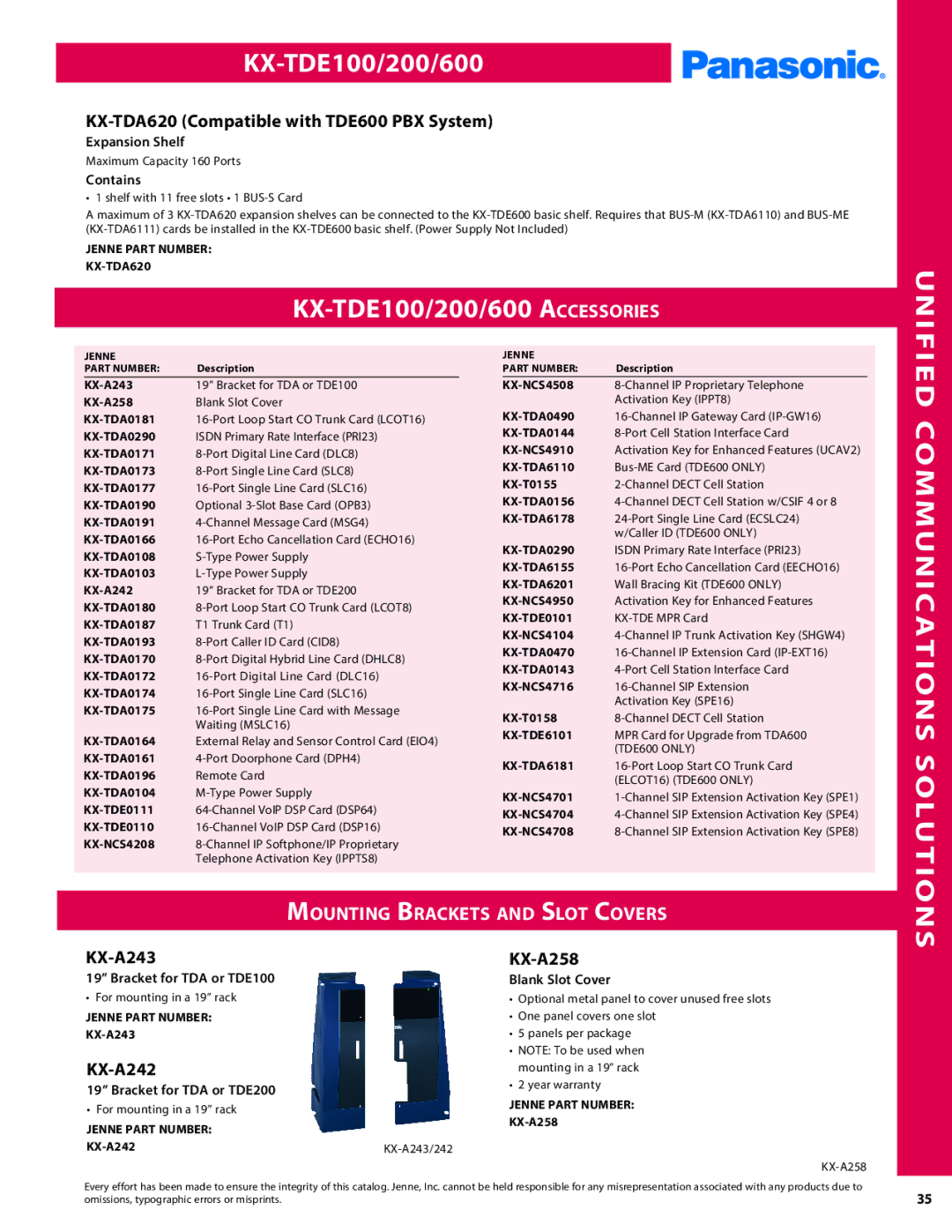 Panasonic PMPU2000 manual Mounting Brackets and Slot Covers, KX-TDA620 Compatible with TDE600 PBX System, KX-A243 KX-A258 