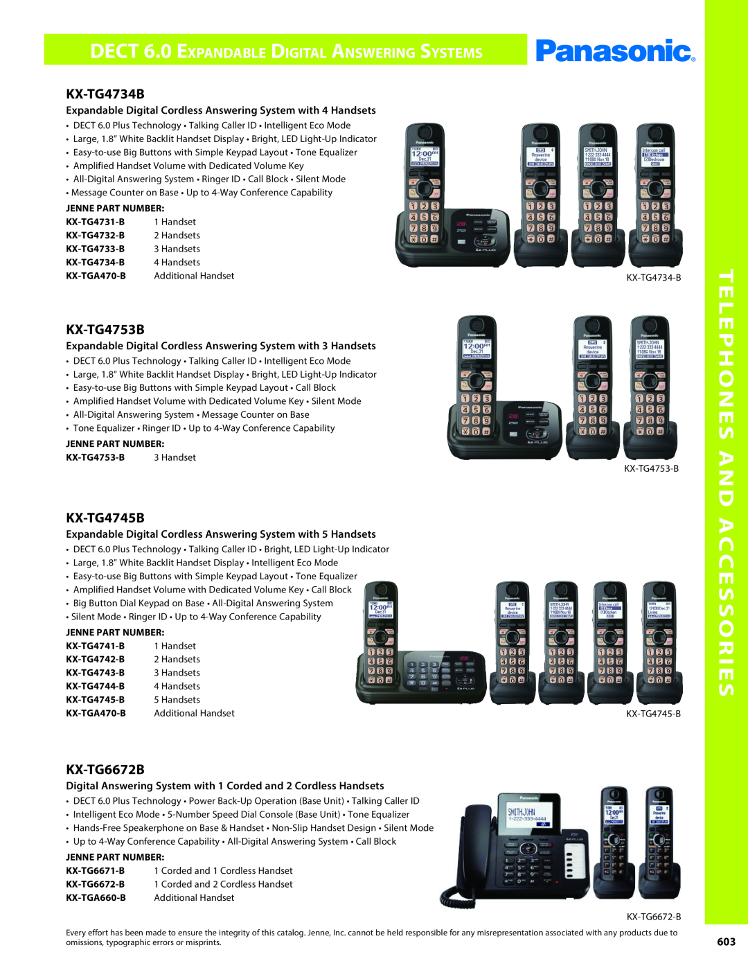 Panasonic PMPU2000 manual Telephones And Accessories, DECT 6.0 Expandable Digital Answering Systems, KX-TG4734B, KX-TG4753B 