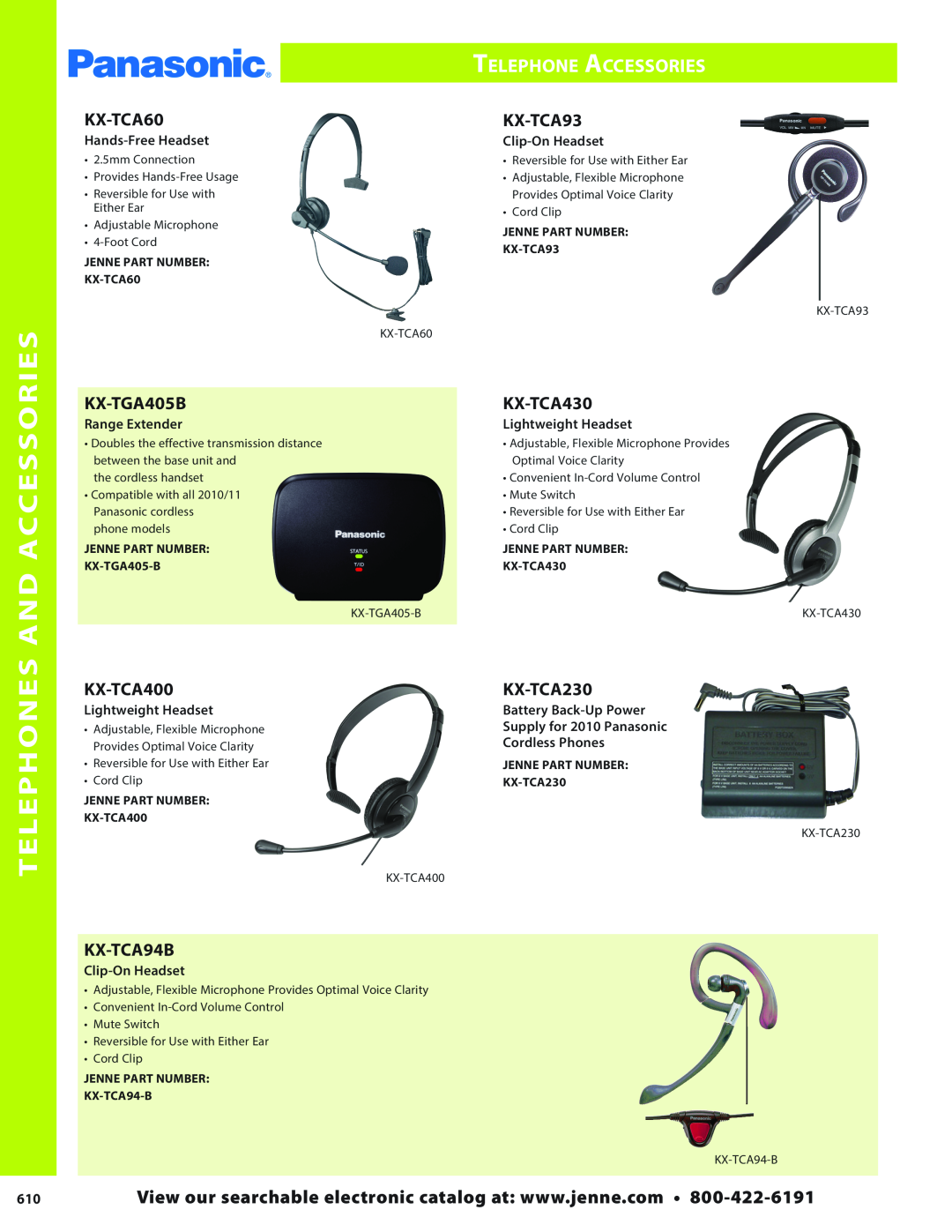 Panasonic PMPU2000 manual Telephone Accessories, Telephones And Accessories, KX-TCA230, Hands-FreeHeadset, Clip-OnHeadset 