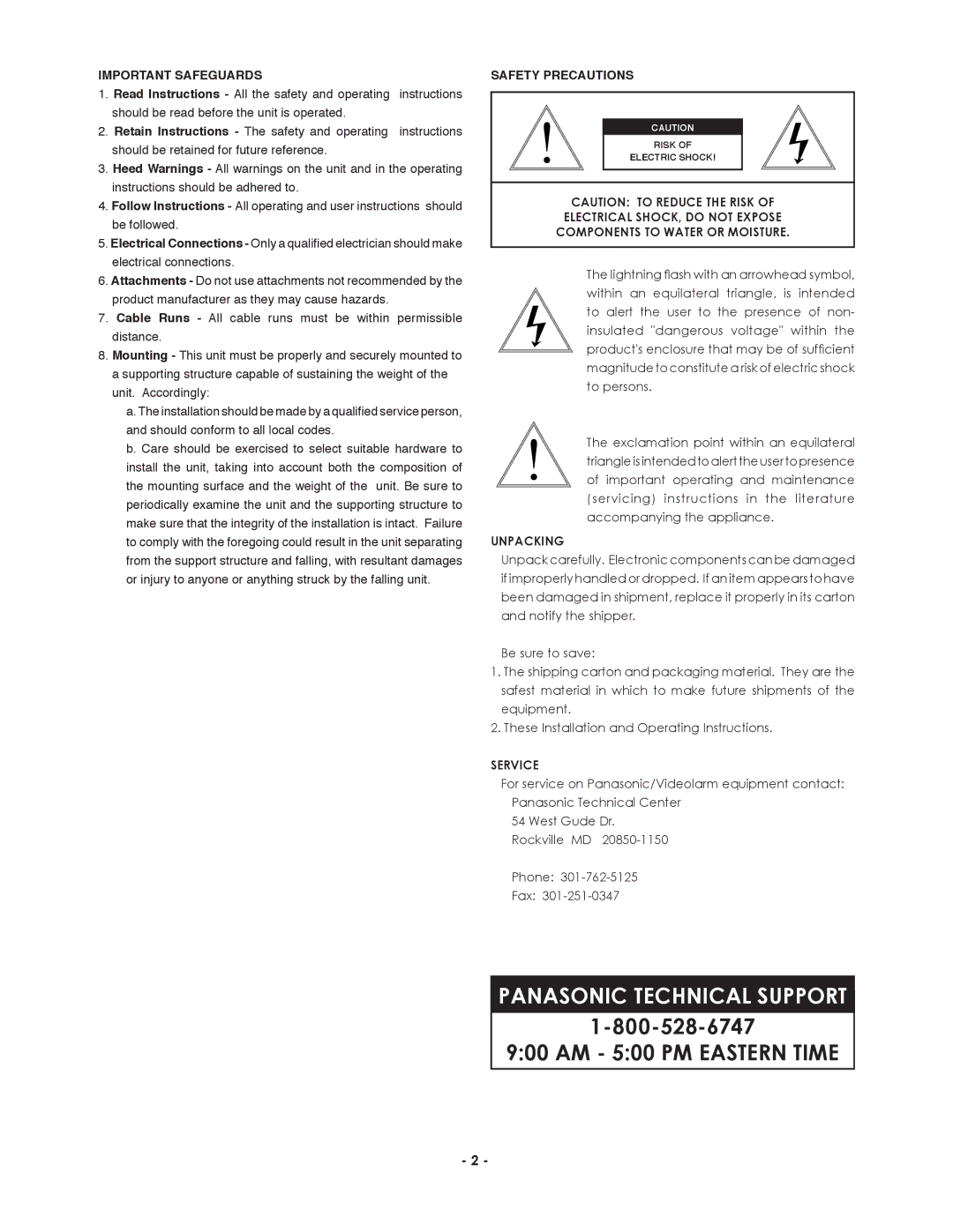 Panasonic Pod9cw, POD9CF(W) installation instructions Unpacking, Service 