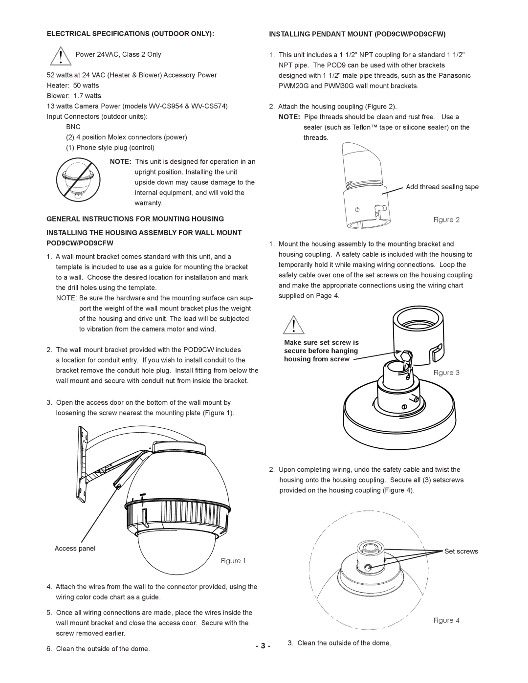 Panasonic POD9CF(W), Pod9cw installation instructions Electrical Specifications Outdoor only 