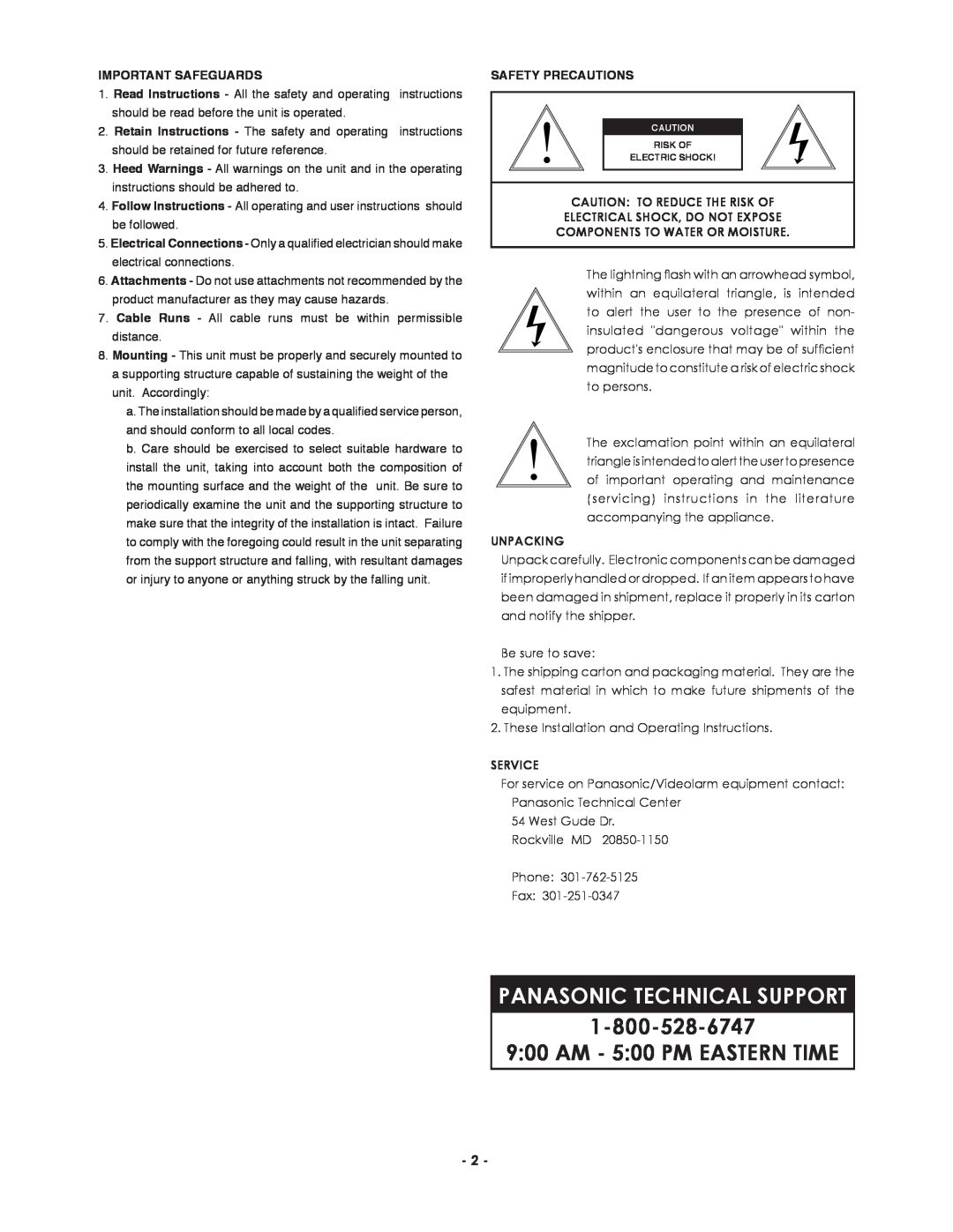 Panasonic Pod9cw, POD9CF(W) Panasonic Technical Support, Important Safeguards, Safety Precautions, Unpacking, Service 