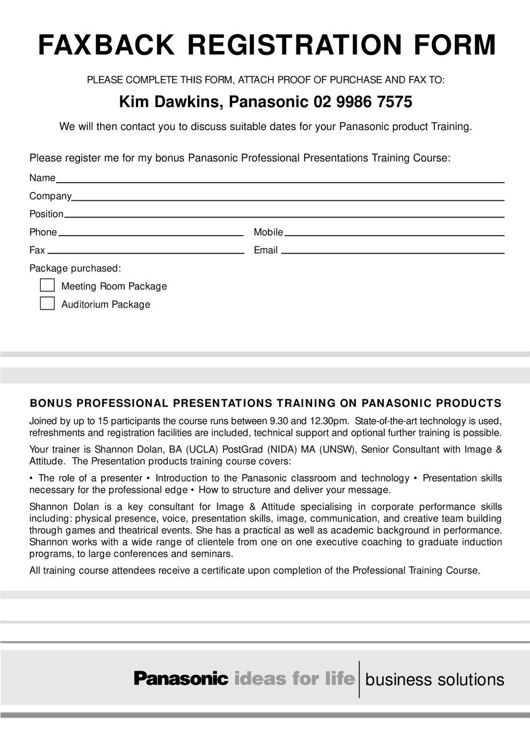 Panasonic Presentation Solutions manual Faxback Registration Form, Kim Dawkins, Panasonic 02 9986 