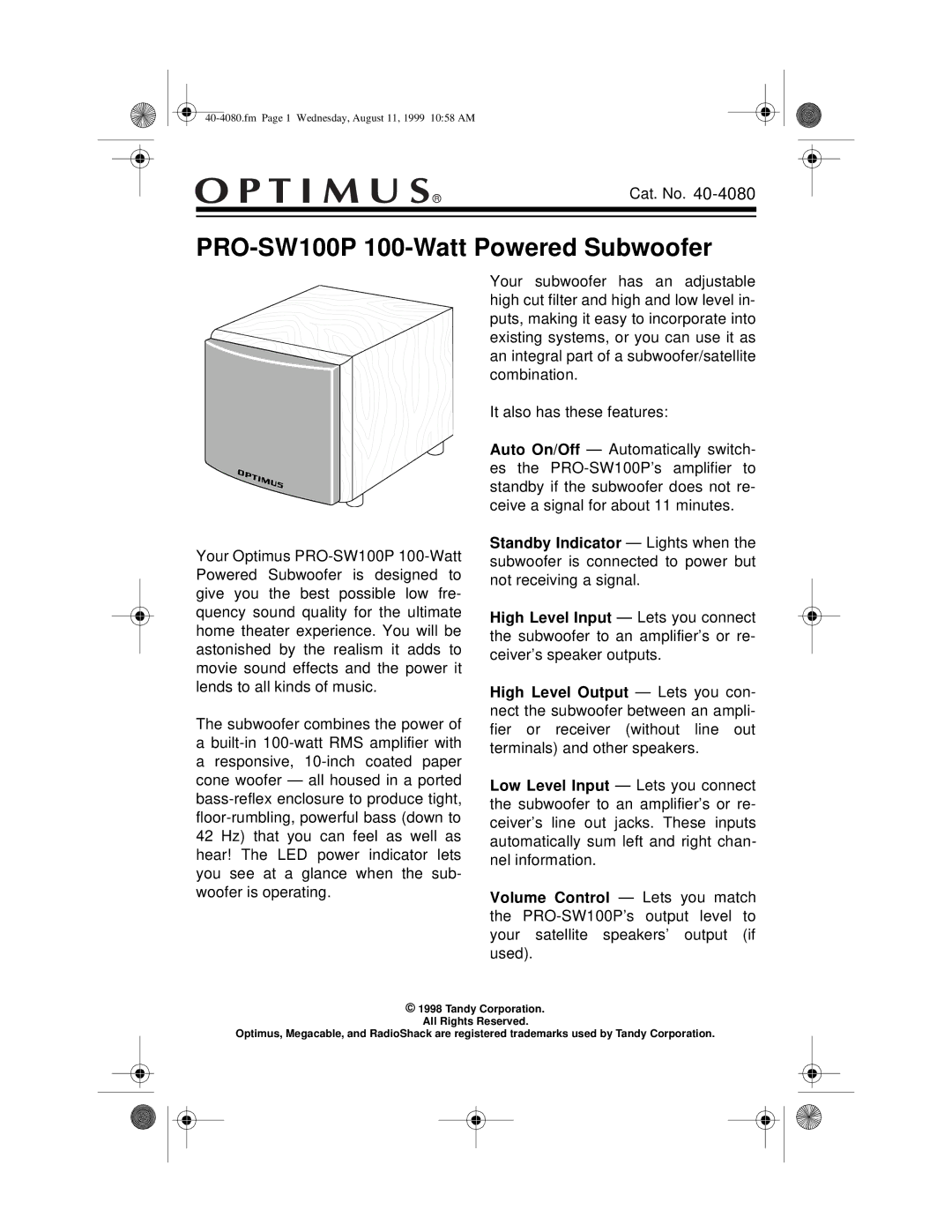 Panasonic manual PRO-SW100P 100-Watt Powered Subwoofer 