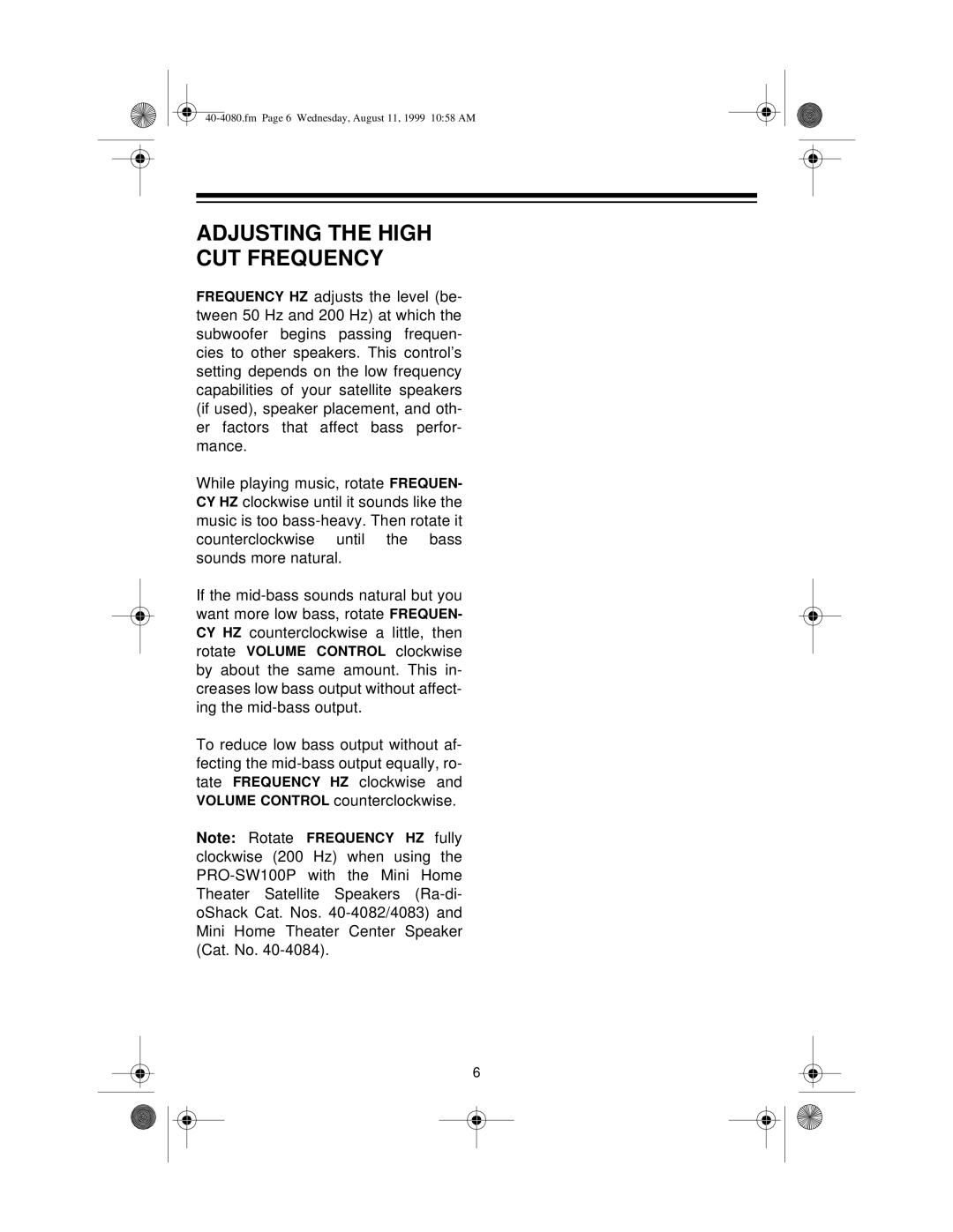 Panasonic PRO-SW100P manual Adjusting the High CUT Frequency 