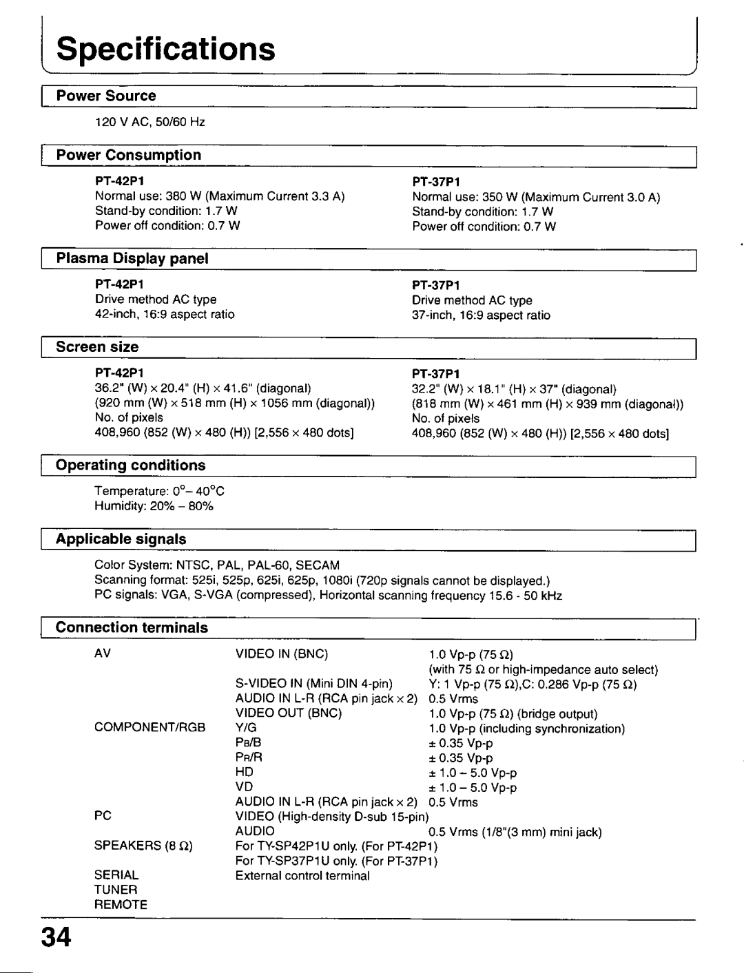 Panasonic PT-42P1, PT 37P1 manual 