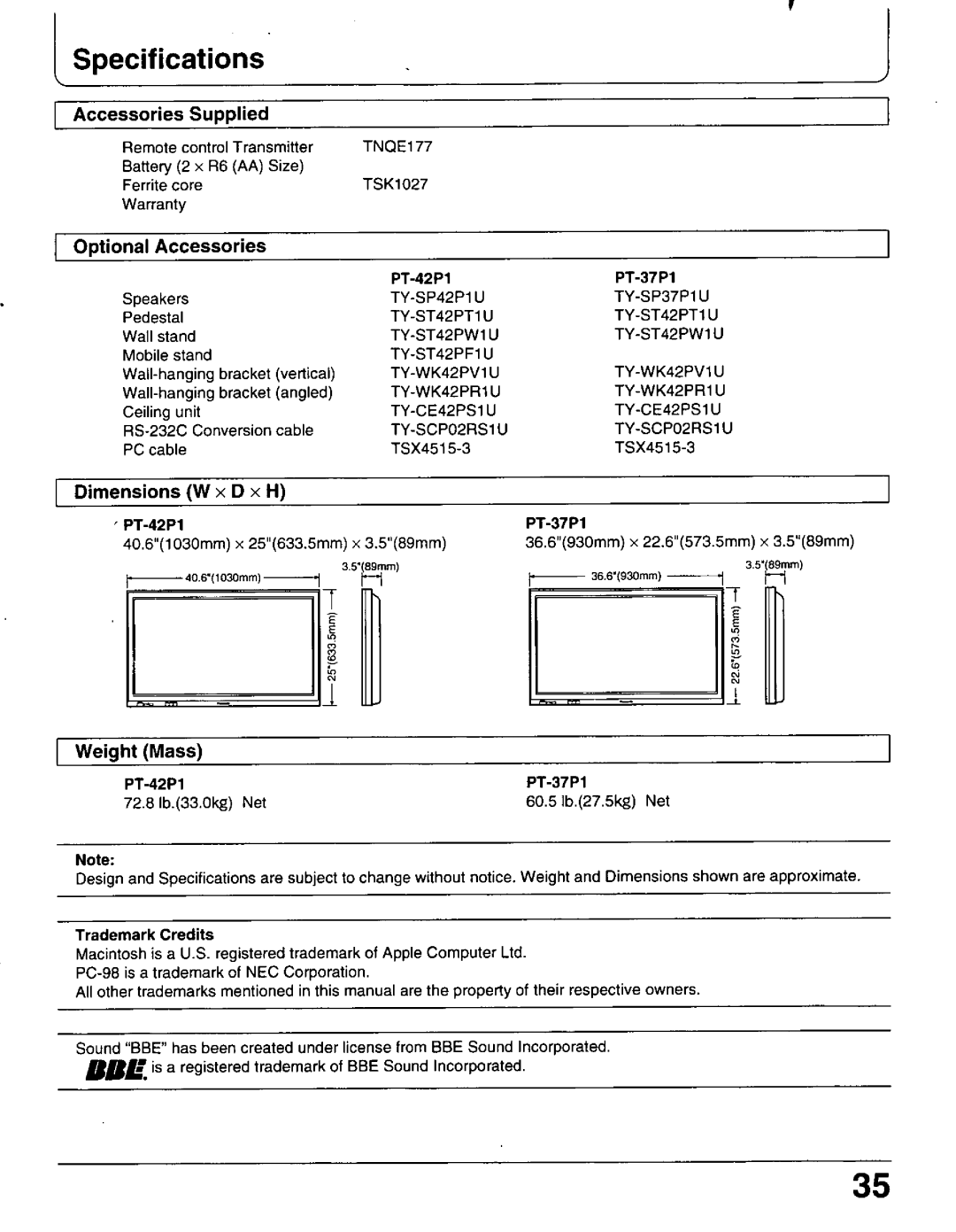 Panasonic PT 37P1, PT-42P1 manual 