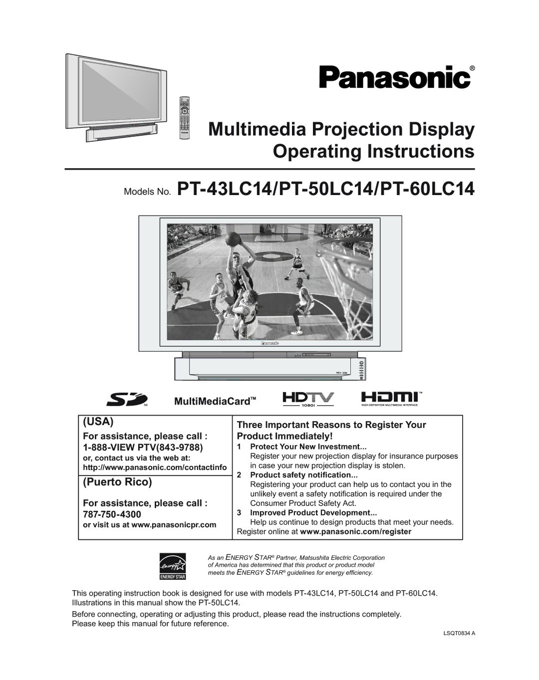 Panasonic PT-50LC14, PT-43LC14 manual For assistance, please call 1-888-VIEW PTV843-9788, Protect Your New Investment 