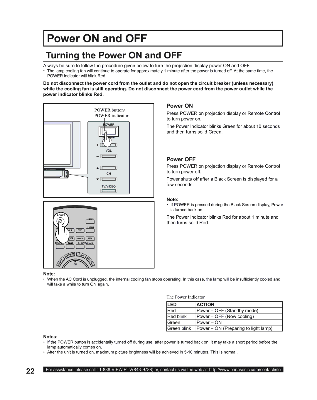 Panasonic PT-50LC14, PT-43LC14, PT-60LC14 manual Turning the Power on and OFF, Power OFF, LED Action 