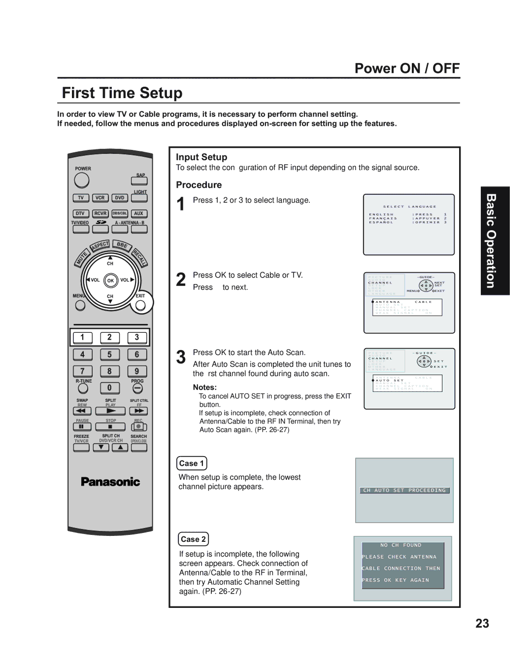 Panasonic PT-60LC14, PT-43LC14, PT-50LC14 manual First Time Setup, Power on / OFF, Input Setup, Procedure, Case 