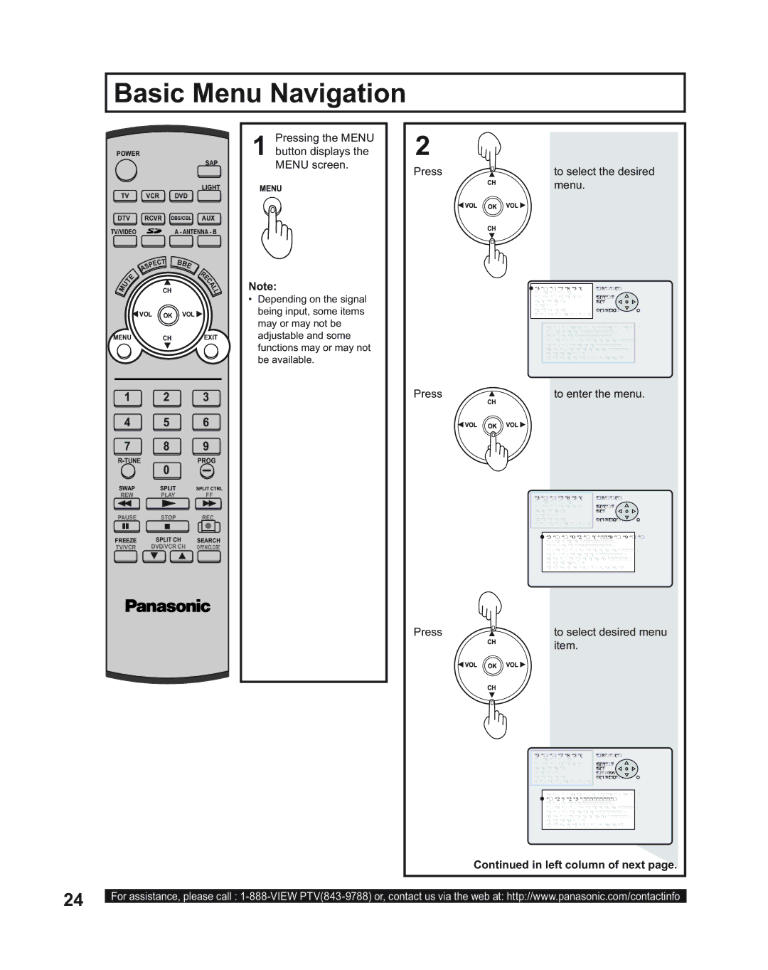 Panasonic PT-43LC14, PT-50LC14 manual Basic Menu Navigation, Press To select the desired Menu, Press To select desired menu 