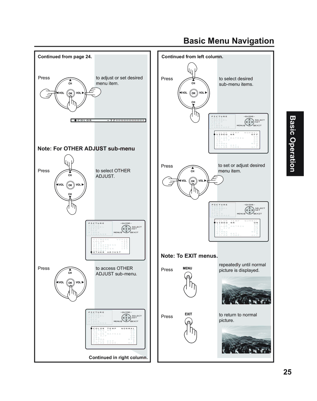 Panasonic PT-50LC14, PT-43LC14, PT-60LC14 manual Basic Menu Navigation, Adjust, From left column, Right column 