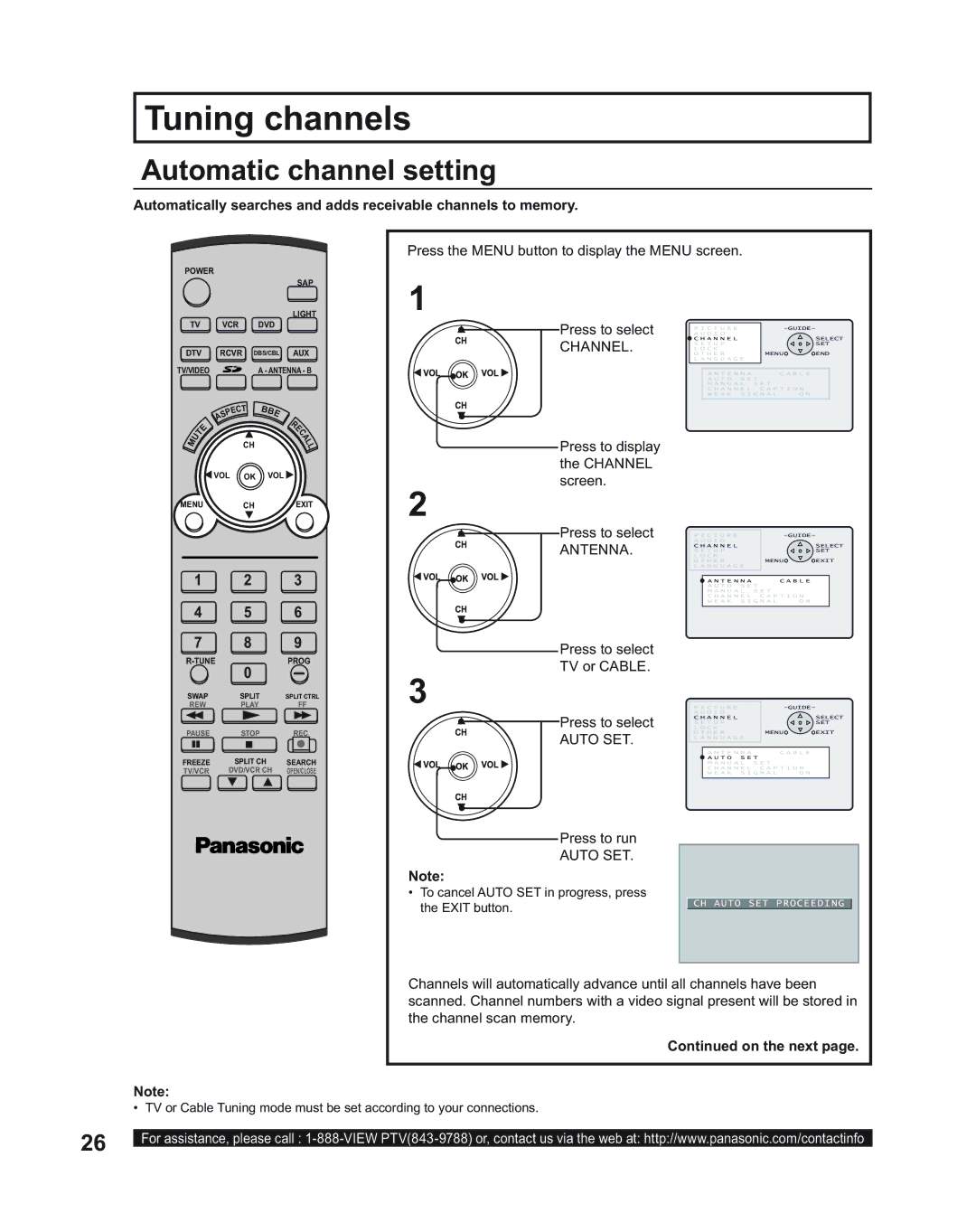 Panasonic PT-60LC14, PT-43LC14, PT-50LC14 manual Tuning channels, Automatic channel setting, Channel, Antenna, On the next 