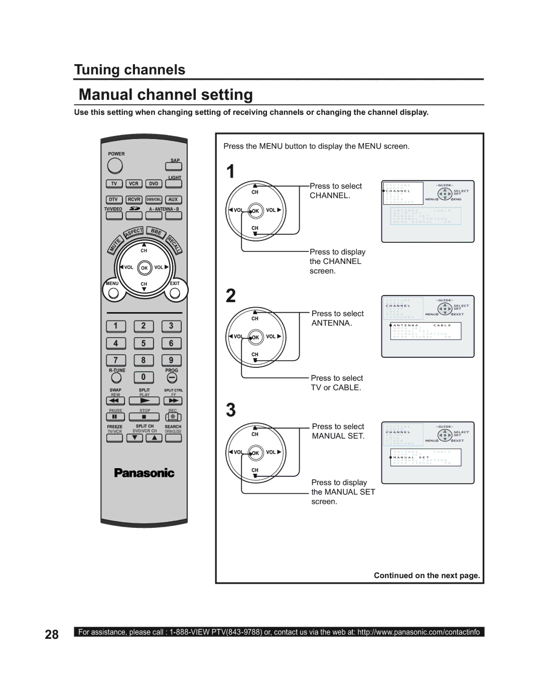 Panasonic PT-50LC14, PT-43LC14, PT-60LC14 manual Manual channel setting, Antenna, Manual SET 