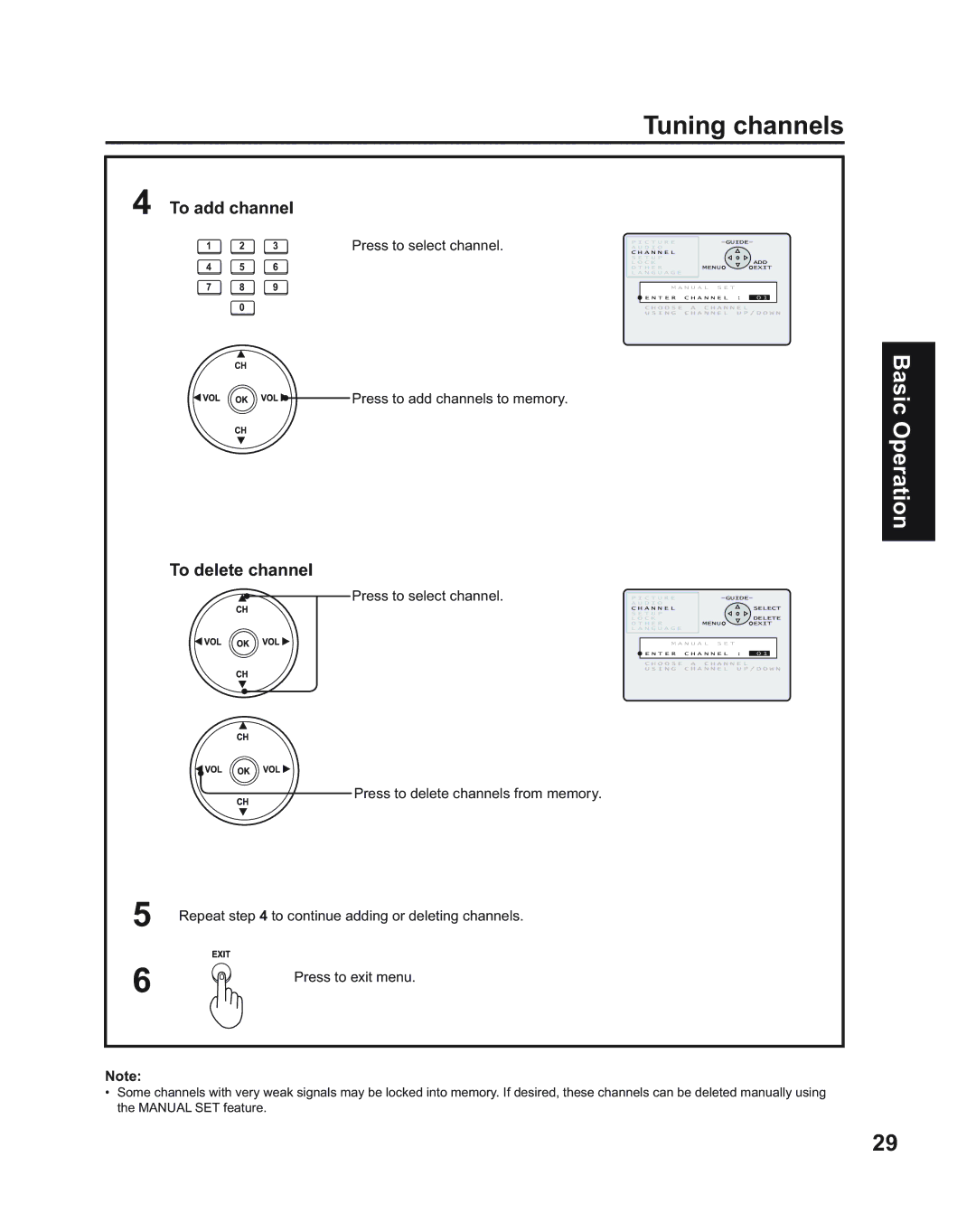 Panasonic PT-60LC14, PT-43LC14 To add channel, To delete channel, Press to add channels to memory, Press to select channel 