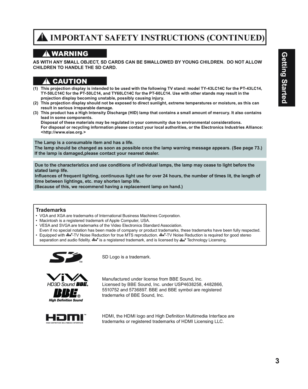 Panasonic PT-43LC14, PT-50LC14, PT-60LC14 manual Trademarks 