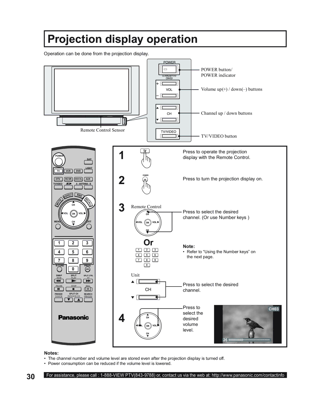 Panasonic PT-43LC14, PT-50LC14, PT-60LC14 Projection display operation, Operation can be done from the projection display 