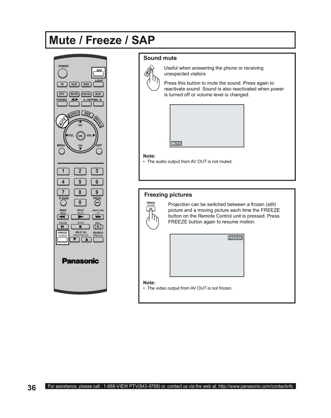 Panasonic PT-43LC14, PT-50LC14, PT-60LC14 manual Mute / Freeze / SAP, Sound mute, Freezing pictures 