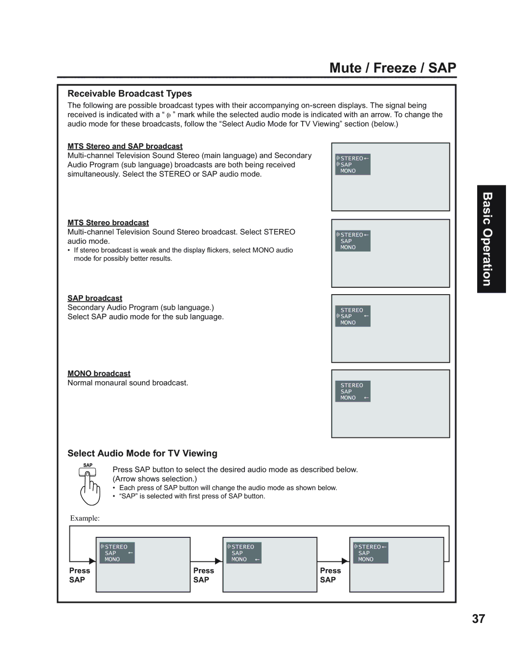 Panasonic PT-50LC14, PT-43LC14, PT-60LC14 Mute / Freeze / SAP, Receivable Broadcast Types, Select Audio Mode for TV Viewing 