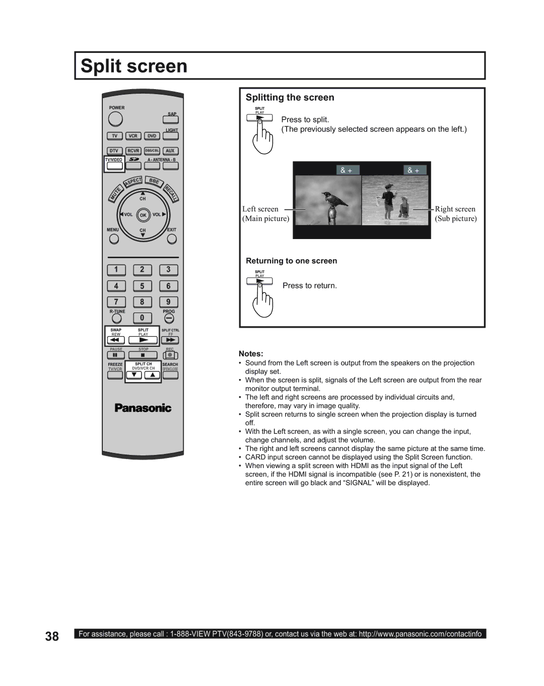 Panasonic PT-60LC14, PT-43LC14, PT-50LC14 manual Split screen, Splitting the screen, Returning to one screen, Press to return 