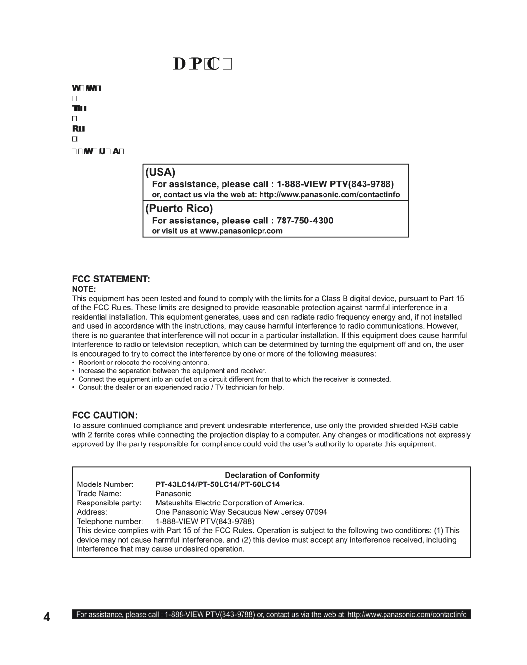 Panasonic manual For assistance, please call, Declaration of Conformity, Models Number, PT-43LC14/PT-50LC14/PT-60LC14 