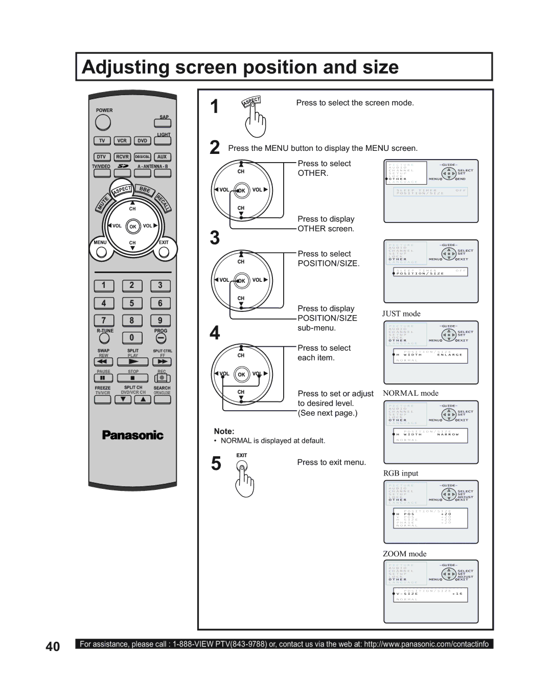 Panasonic PT-50LC14, PT-43LC14, PT-60LC14 manual Adjusting, Screen position and size, Other, Position/Size 