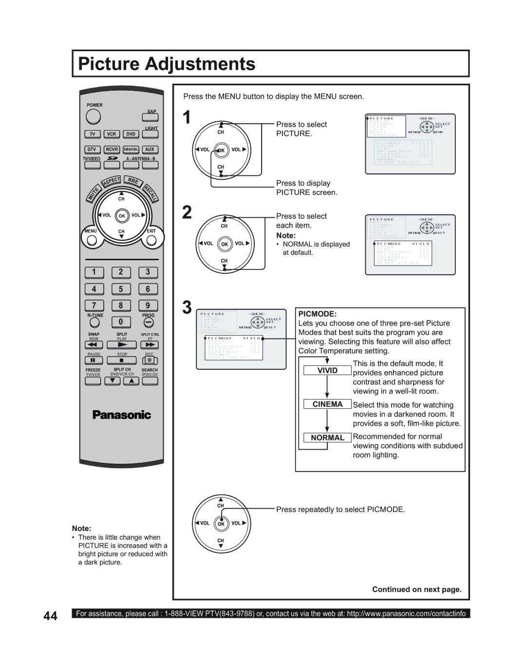 Panasonic PT-60LC14, PT-43LC14, PT-50LC14 manual Picture Adjustments, Picmode, Vivid 